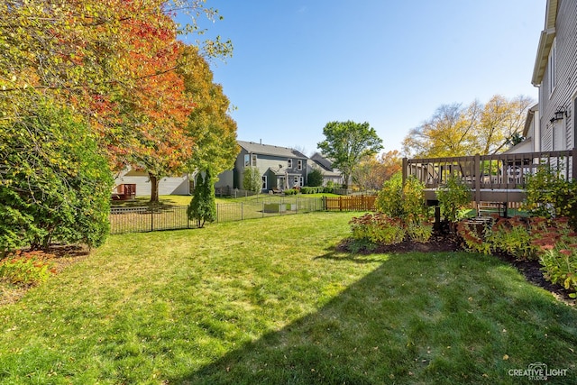 view of yard featuring a residential view, a wooden deck, and fence