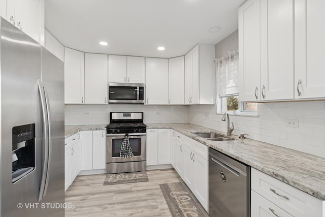 kitchen with decorative backsplash, white cabinetry, stainless steel appliances, and a sink