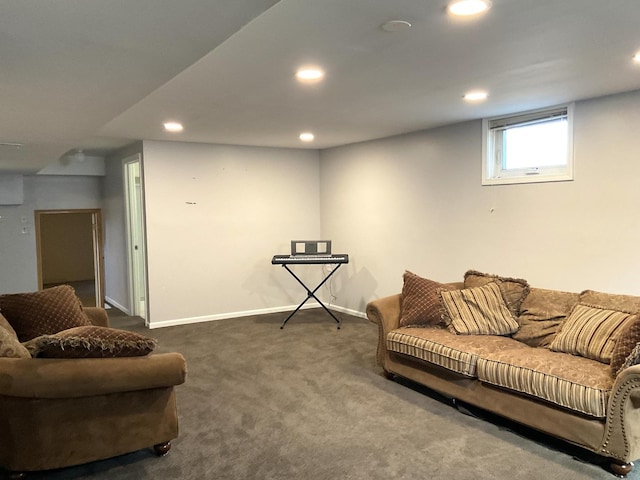 living area featuring recessed lighting, baseboards, and dark colored carpet