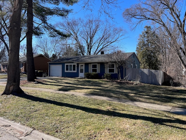 single story home featuring driveway, a front lawn, a garage, and fence