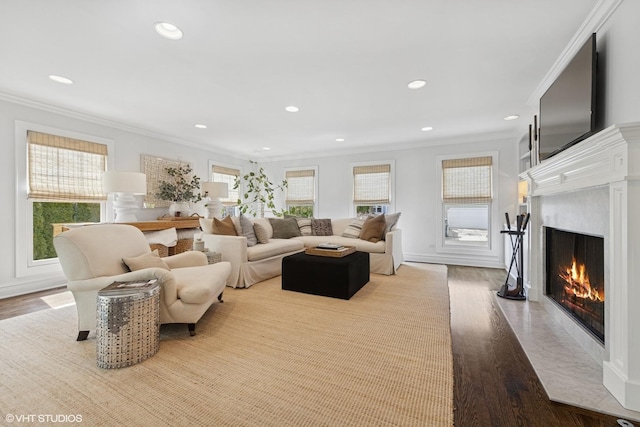 living room featuring a fireplace with flush hearth, plenty of natural light, and crown molding