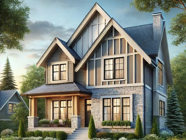 view of front of house with covered porch, stucco siding, a chimney, a shingled roof, and stone siding