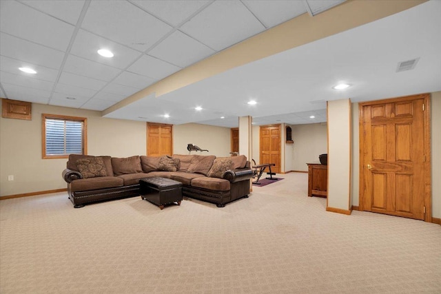 living area featuring recessed lighting, baseboards, light carpet, and visible vents