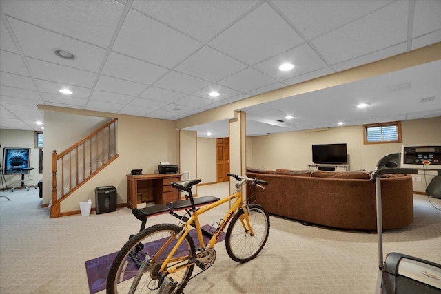 carpeted living room featuring stairway, recessed lighting, and baseboards