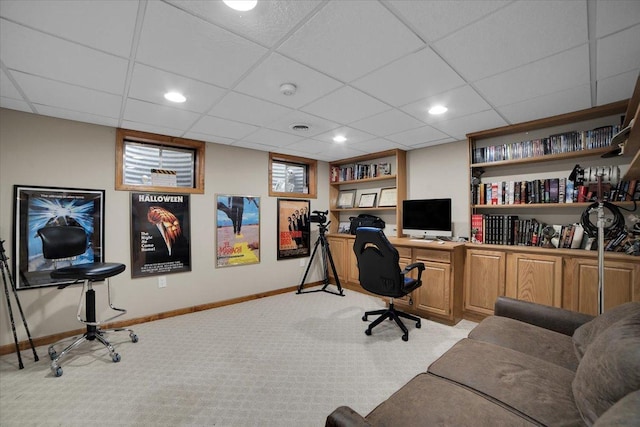 office space featuring light carpet, recessed lighting, and baseboards