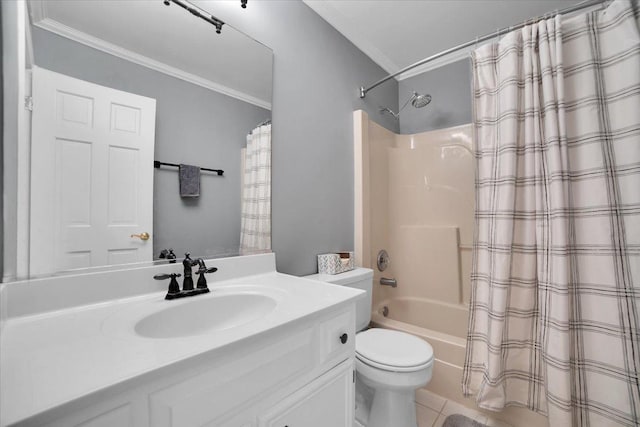 bathroom with toilet, vanity, shower / tub combo with curtain, and ornamental molding