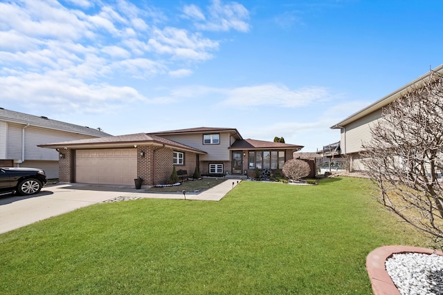 view of front of house with driveway, a shingled roof, a front lawn, a garage, and brick siding