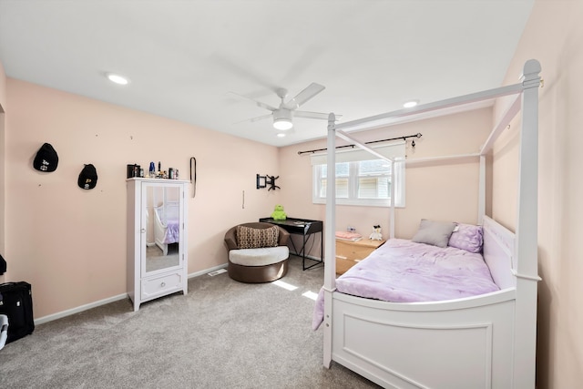 carpeted bedroom with recessed lighting, a ceiling fan, and baseboards