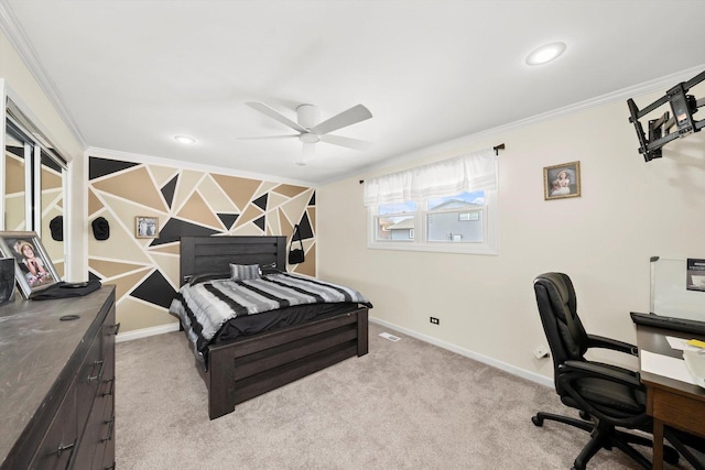 bedroom featuring baseboards, carpet floors, recessed lighting, ceiling fan, and crown molding