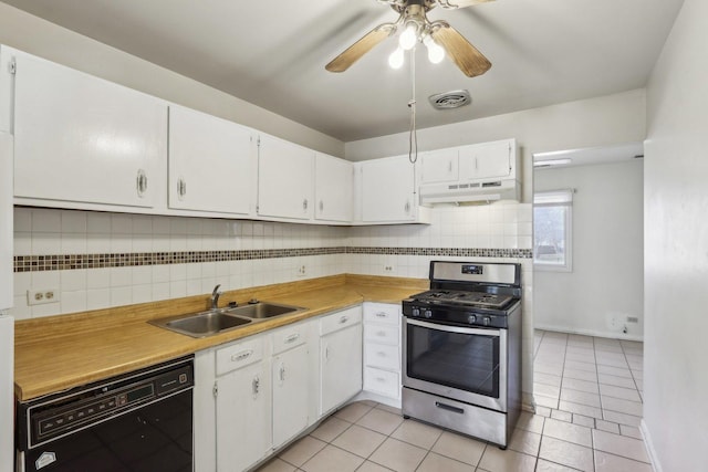 kitchen with under cabinet range hood, a sink, backsplash, stainless steel range with gas cooktop, and dishwasher