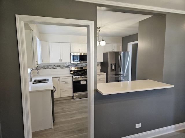 kitchen featuring light wood finished floors, a sink, decorative backsplash, stainless steel appliances, and white cabinets