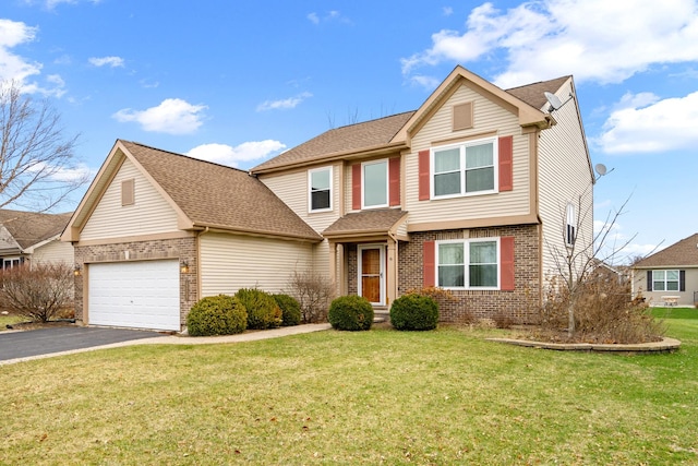 traditional-style home featuring aphalt driveway, a front yard, brick siding, and an attached garage