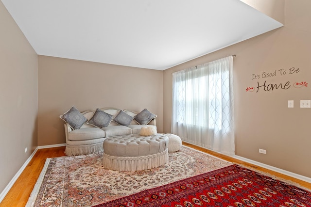 living area featuring baseboards and wood finished floors