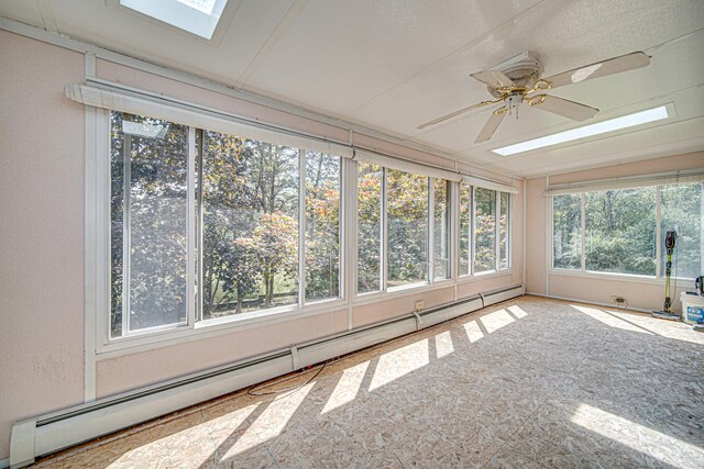 unfurnished sunroom with ceiling fan, a baseboard radiator, and a skylight