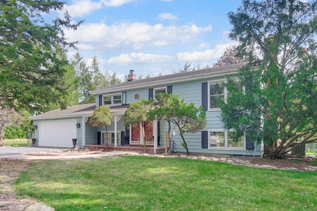 view of front of home featuring a garage, driveway, a chimney, and a front lawn