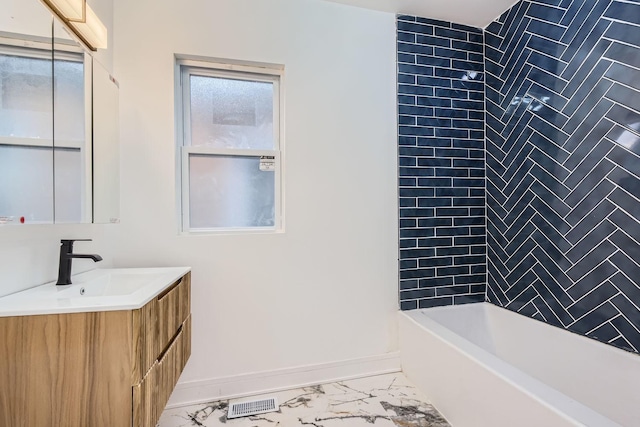 8217 S Woodlawn Ave, Chicago, IL 60619 - bathroom featuring visible vents, marble finish floor, shower / tub combination, baseboards, and vanity
