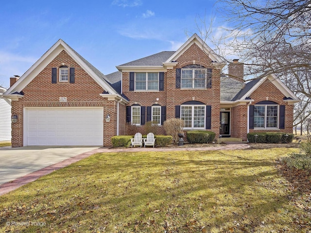 view of front facade with concrete driveway, an attached garage, a front lawn, and a chimney