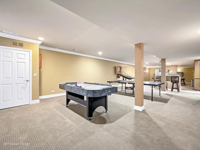 game room featuring visible vents, crown molding, baseboards, light colored carpet, and recessed lighting