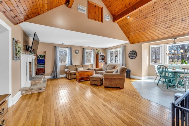 living area featuring beam ceiling, visible vents, light wood-style flooring, and wooden ceiling