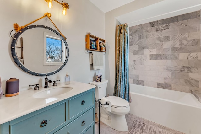 full bathroom featuring toilet, shower / bath combo, and vanity