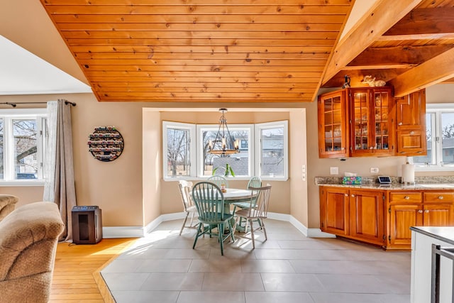 dining room with lofted ceiling, wine cooler, wood ceiling, and baseboards