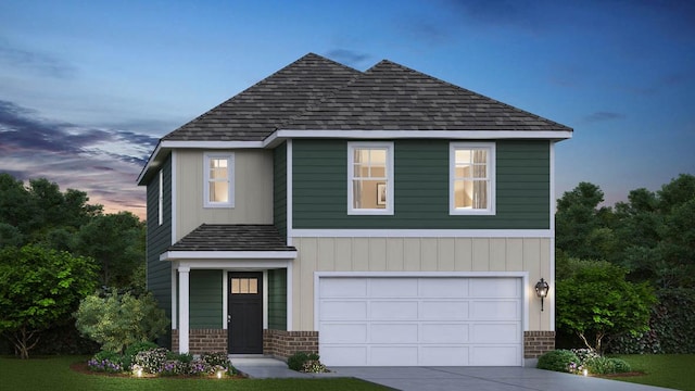 view of front facade with an attached garage, brick siding, driveway, and roof with shingles