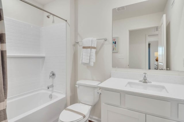 full bathroom featuring vanity, toilet, shower / bathtub combination with curtain, and visible vents