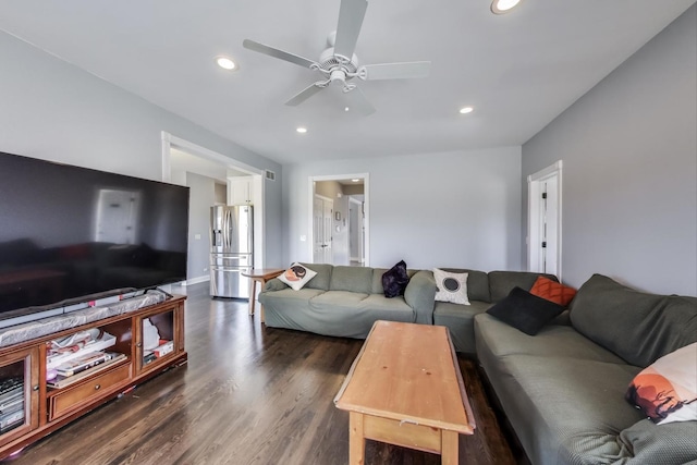 living room with recessed lighting, visible vents, ceiling fan, and dark wood-style flooring