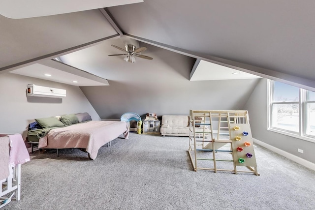 carpeted bedroom with an AC wall unit, lofted ceiling with beams, recessed lighting, and baseboards