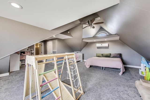 bedroom with baseboards, a wall mounted air conditioner, vaulted ceiling, carpet flooring, and recessed lighting