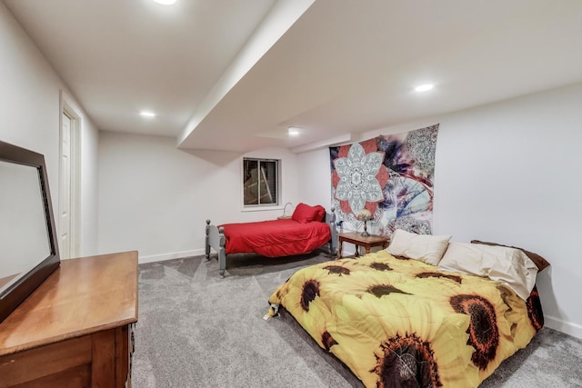 bedroom featuring recessed lighting, baseboards, and carpet floors