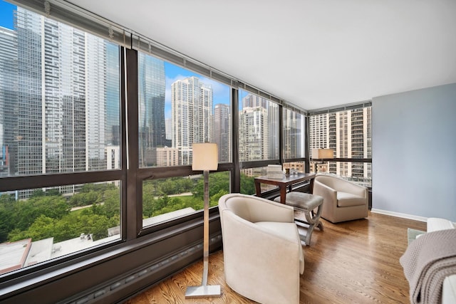 sunroom with a city view