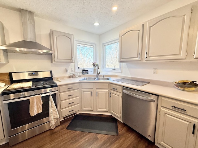 kitchen with dark wood-type flooring, a sink, appliances with stainless steel finishes, wall chimney exhaust hood, and light countertops