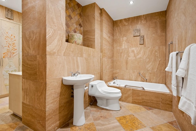 680 N Lake Shore Dr Unit 1602, Chicago, IL 60611 - bathroom with tile walls, a bath, toilet, recessed lighting, and a sink