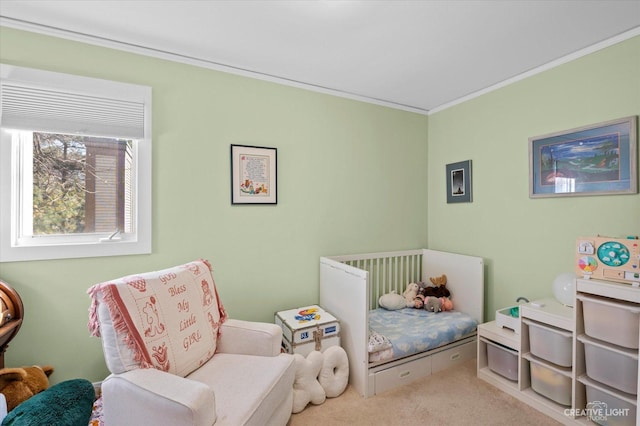 carpeted bedroom featuring ornamental molding