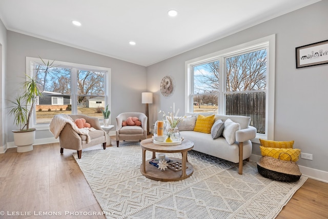 living area featuring light wood-style flooring, baseboards, and a wealth of natural light