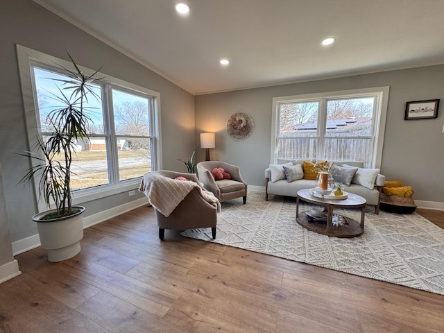 living area with recessed lighting, baseboards, and wood-type flooring