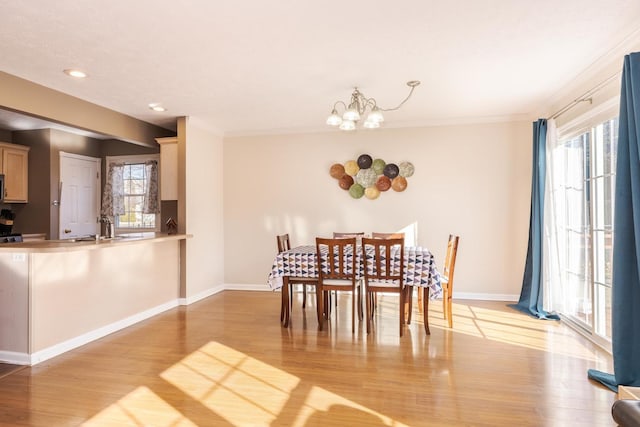 dining area featuring baseboards, plenty of natural light, and light wood finished floors