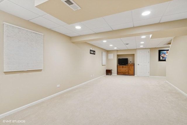 finished basement with visible vents, recessed lighting, carpet flooring, a paneled ceiling, and baseboards