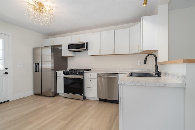 kitchen featuring a sink, stainless steel appliances, light countertops, white cabinets, and light wood-style floors