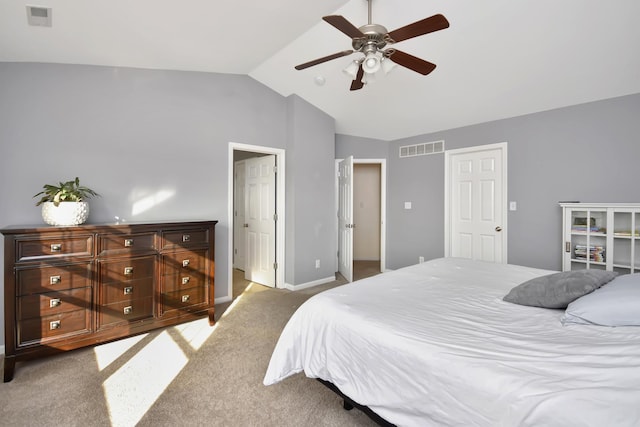 3916 Tallgrass Dr, Champaign, IL 61822 - bedroom with a ceiling fan, visible vents, carpet, and vaulted ceiling