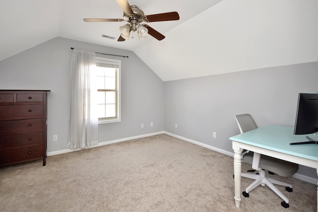 3916 Tallgrass Dr, Champaign, IL 61822 - unfurnished office featuring ceiling fan, light colored carpet, visible vents, baseboards, and vaulted ceiling