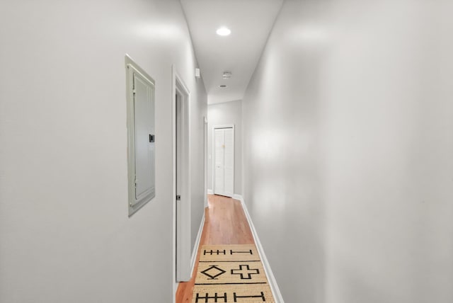 hall featuring electric panel, light wood-type flooring, and baseboards