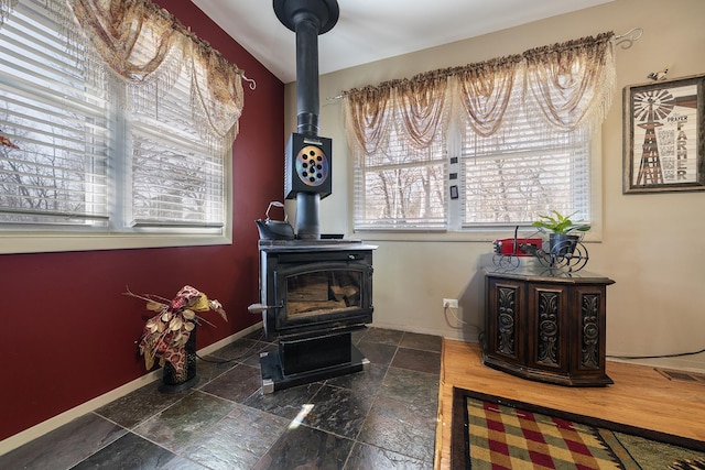 details featuring a wood stove, baseboards, and visible vents