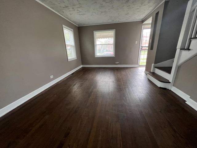 interior space with baseboards, a textured ceiling, dark wood-style floors, and crown molding