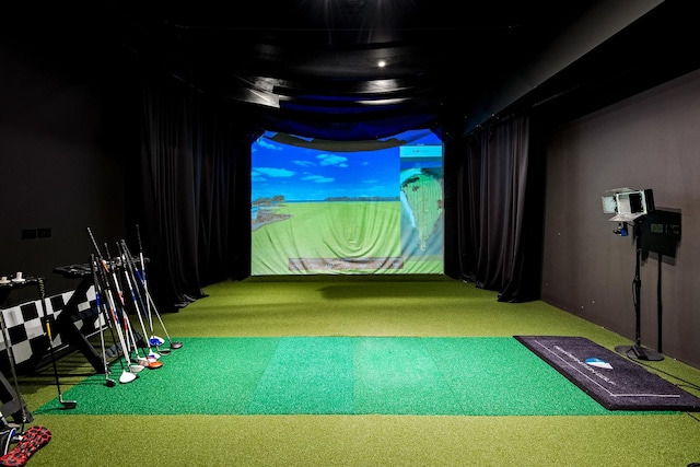 recreation room featuring golf simulator and carpet