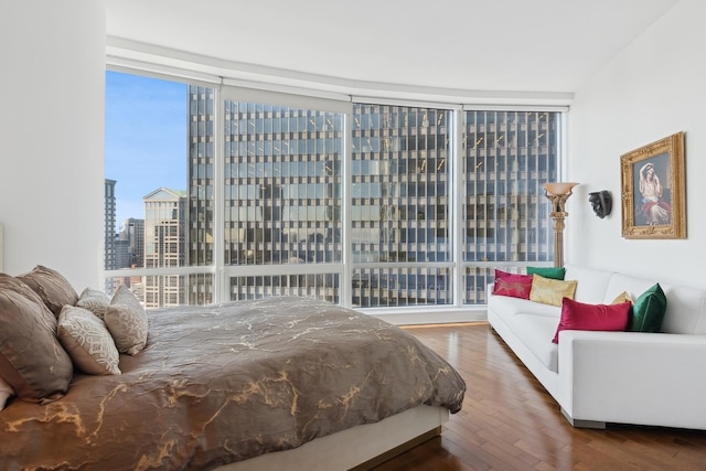 bedroom featuring expansive windows, a city view, and wood finished floors