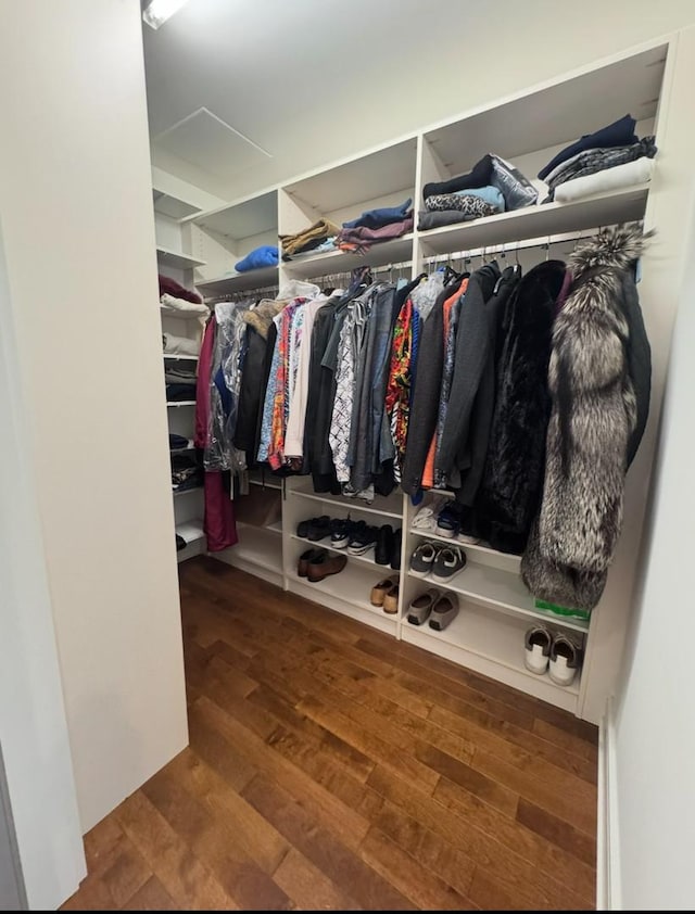 walk in closet with wood finished floors