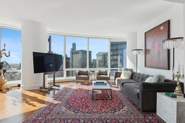 living room featuring a wall of windows and wood finished floors