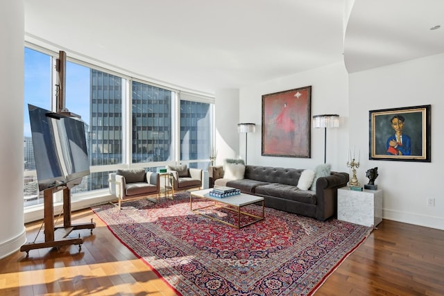 living area with floor to ceiling windows, baseboards, and hardwood / wood-style floors